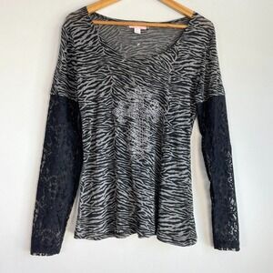 Lady Noiz Y2K Indie Sleaze Lace Top‎ Large Rhinestone Cross Grunge Goth Sheer